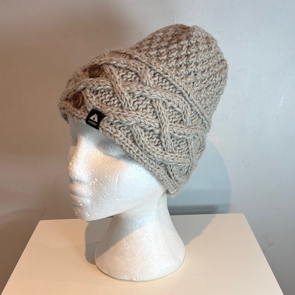 Ambler Celtic 100% wool Knit Beanie with Button Accents oatmeal Color